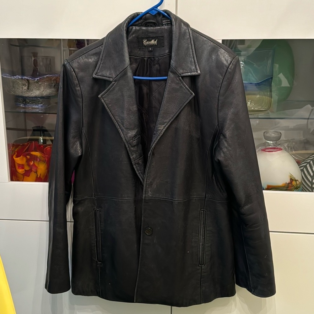 Excelled Lambskin Leather Blazer Jacket Black Button
